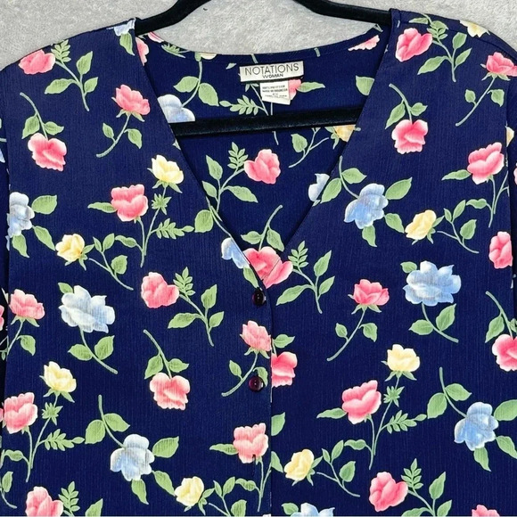 Notations 2X Shirt Top Navy Blue Floral Flower Button Up Short Sleeve V Neck - Picture 3 of 6